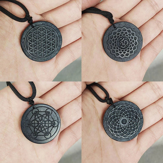 Black Russia Shungite Pendant Natural Crystal Schungite Necklace 3D Pattern Reiki Stones For Cleansing Meditation Yoga Fengshui